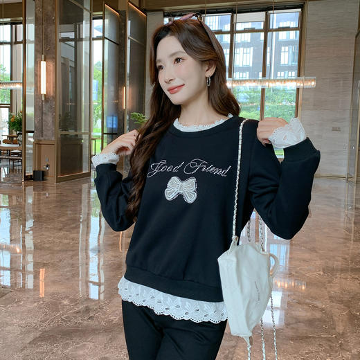 奢姿大码女装2025秋季时尚蕾丝拼接卫衣胖妹妹气质烫钻设计上衣9953190639 商品图1
