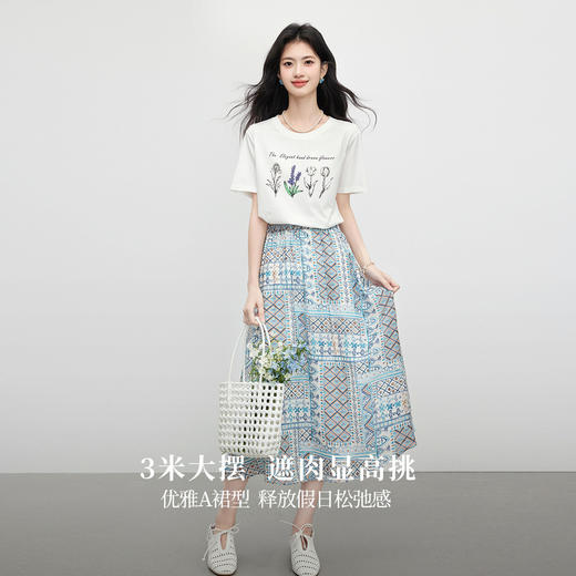 【07/23新品】熙世界波西米亚休闲套装女新款夏季印花T恤高腰复古半身裙两件套 商品图2
