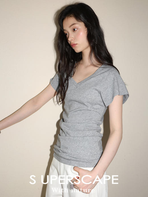 素舶 高支高密竹节棉混纺亲肤V领收腰捏褶堆叠T恤SUPERSCAPE 商品图2
