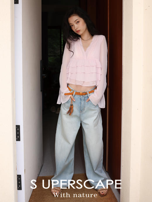 素舶 轻薄雪纺透气皱感v领荷叶边长袖上衣衬衫 商品图1