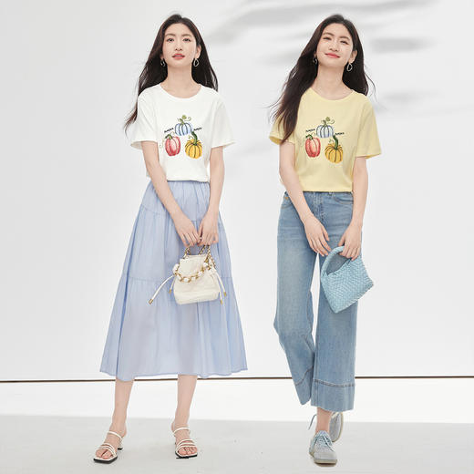 【专属特价】熙世界时尚创意南瓜印花T恤女短袖夏季百搭休闲减龄圆领正肩上衣 商品图2