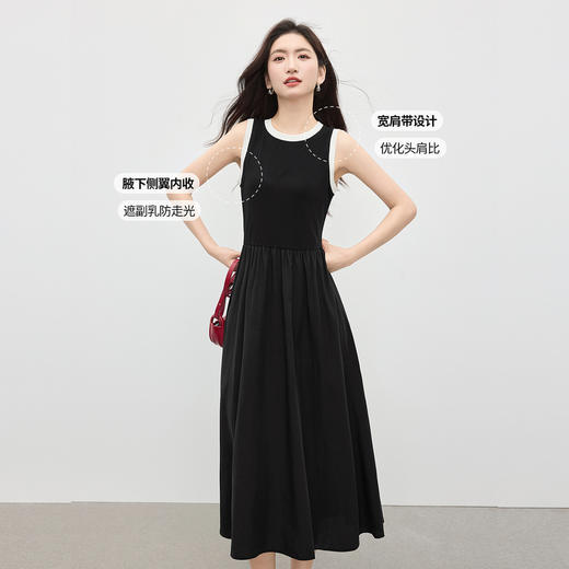 【专属特价】熙世界通勤撞色圆领无袖连衣裙女夏季高级感气质显瘦黑色背心长裙 商品图1