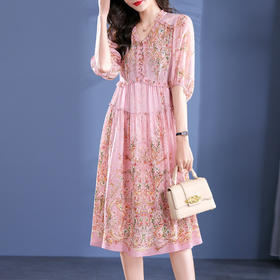 丁摩100%桑蚕丝超重工减龄花边真丝印花中长款大摆连衣裙收腰款5ZF-90275