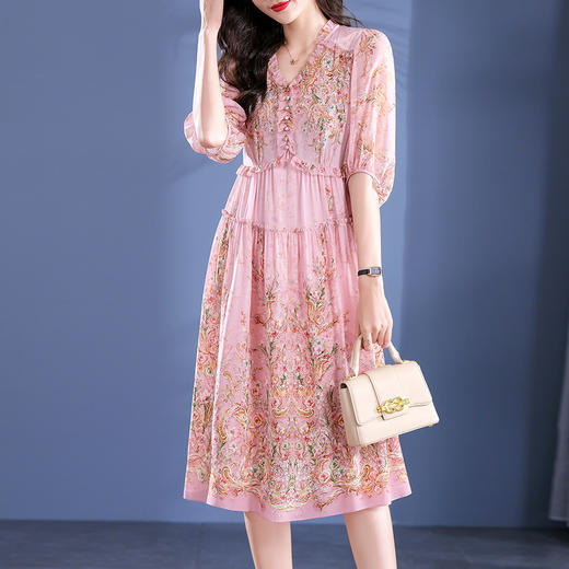 丁摩100%桑蚕丝超重工减龄花边真丝印花中长款大摆连衣裙收腰款5ZF-90275 商品图0