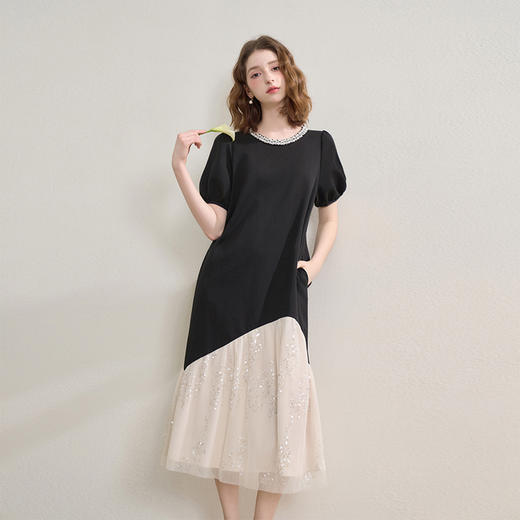 【限时秒杀】西遇气质优雅法式钉珠领口连衣裙女夏季亮片撞色拼接长裙V2451119 商品图3