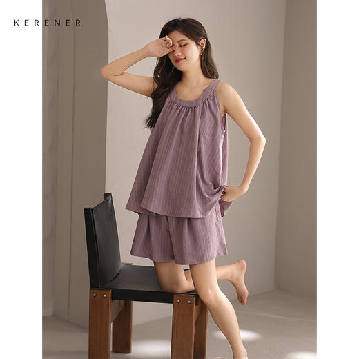 可人儿小众设计新款泡泡绵夏季女士吊带睡衣时尚可外出家居服套装 商品图1