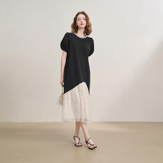 【限时秒杀】西遇气质优雅法式钉珠领口连衣裙女夏季亮片撞色拼接长裙V2451119 商品图1