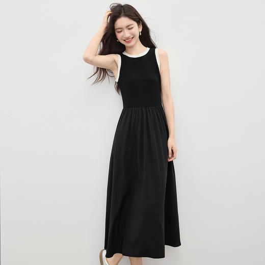 【专属特价】熙世界通勤撞色圆领无袖连衣裙女夏季高级感气质显瘦黑色背心长裙 商品图4