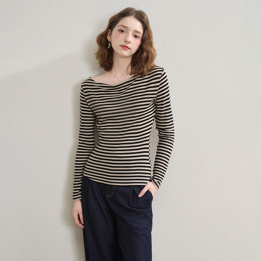 西遇韩系撞色条纹斜肩长袖T恤女秋季修身内搭打底衫上衣V2551140 商品图2
