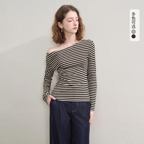 西遇韩系撞色条纹斜肩长袖T恤女秋季修身内搭打底衫上衣V2551140