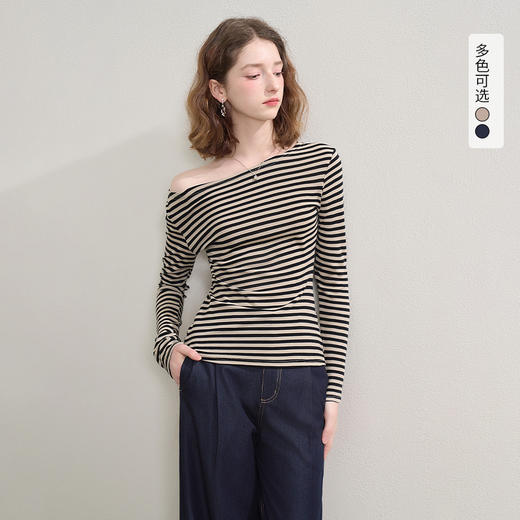 西遇韩系撞色条纹斜肩长袖T恤女秋季修身内搭打底衫上衣V2551140 商品图0