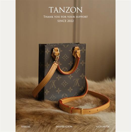 驴家 Petit sac plat经典老花满印 涂层帆布拼牛皮 单肩斜挎手提包薯条包  女款棕色琴谱包(JPH) 商品图1