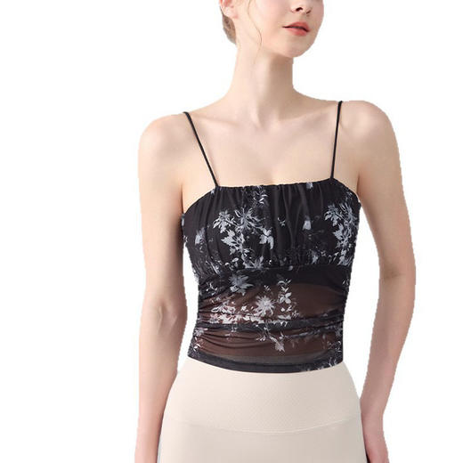 跃牌【海听系列】新款设计感碎花显瘦瑜伽服背心网纱印花抽褶运动休闲健身服XC87 商品图4