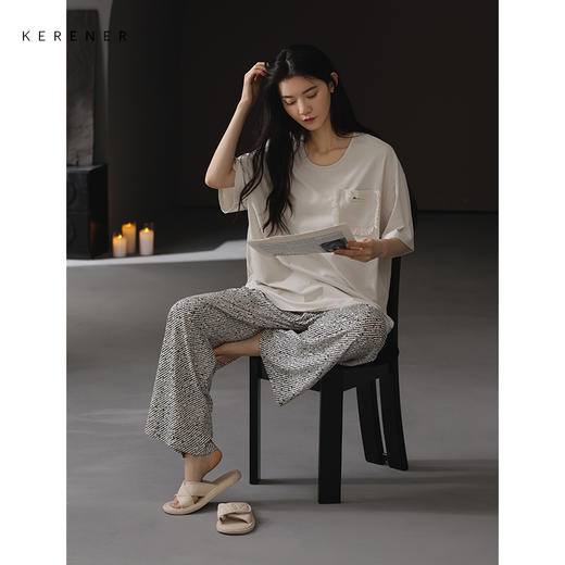 可人儿带胸垫睡衣夏季凉感莫代尔女士家居服短袖长裤套装可外穿 商品图3