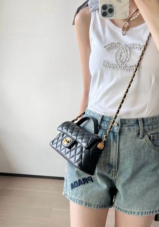 香奈儿 25P春夏 羊皮KeIIy横款Mini黑色手拿斜跨包（LZ） 商品图2