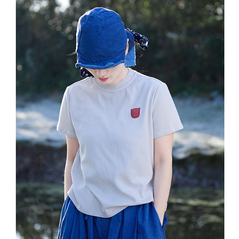 丁摩 设计感做旧水洗Q弹清凉休闲短袖t恤女春夏新款纯棉上衣5ZF-0557