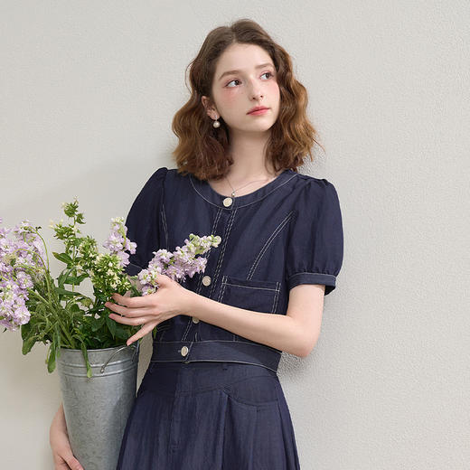 西遇复古港风牛仔套装女秋季明线短袖上衣半身裙两件套V2551103 商品图0