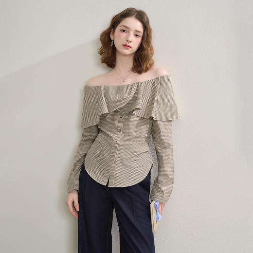 西遇格纹荷叶边一字肩长袖衬衫女秋季抽褶收腰显瘦上衣V2551139 商品图2