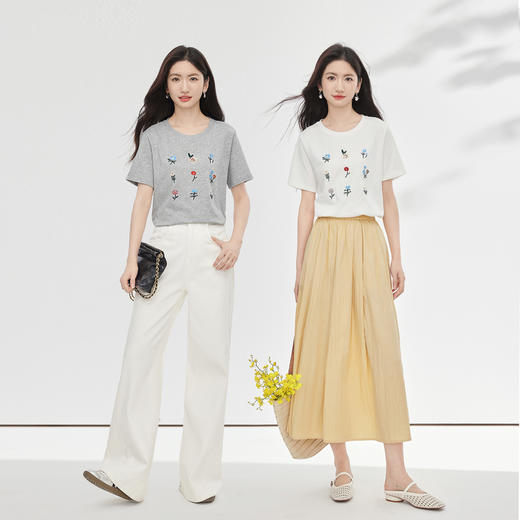 【专属特价】熙世界田园风刺绣花朵T恤短袖女夏新款清新时尚正肩圆领纯棉上衣 商品图2