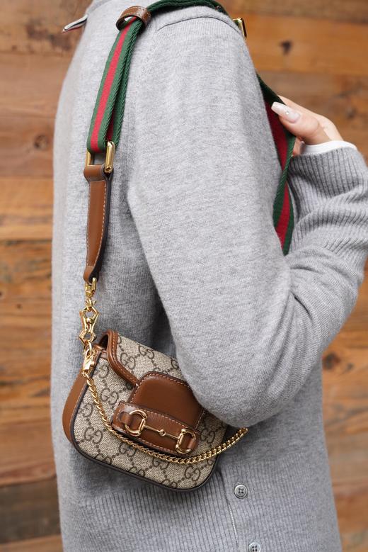 古驰 Horsebit 1955系列"小废包" 老花、黑色皮革肩带斜挎包（LZ） 商品图3