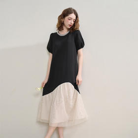 【限时秒杀】西遇气质优雅法式钉珠领口连衣裙女夏季亮片撞色拼接长裙V2451119