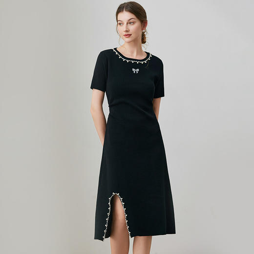 「自」全新升级【铂金会员220/天猫299/差价79】(84548)洛诗琳夏季新款针织连衣裙2025法式设计感高腰钉珠A字裙女 商品图1