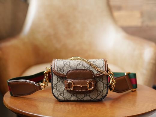 古驰 Horsebit 1955系列"小废包" 老花、黑色皮革肩带斜挎包（LZ） 商品图1