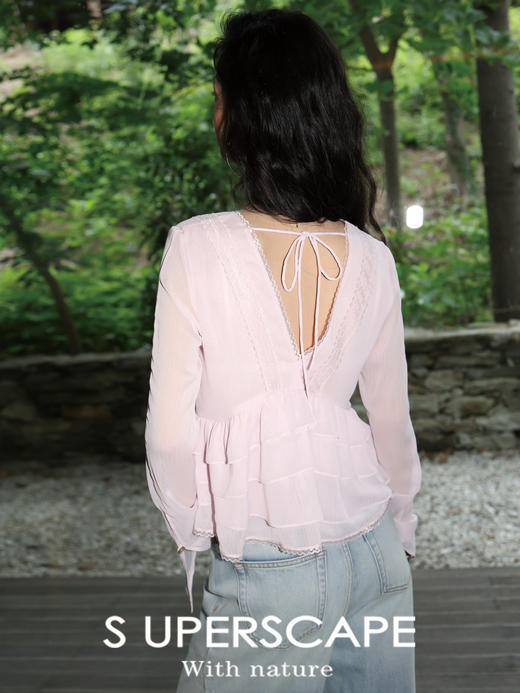 素舶 轻薄雪纺透气皱感v领荷叶边长袖上衣衬衫 商品图4