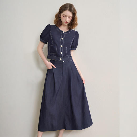 西遇复古港风牛仔套装女秋季明线短袖上衣半身裙两件套V2551103 商品图4