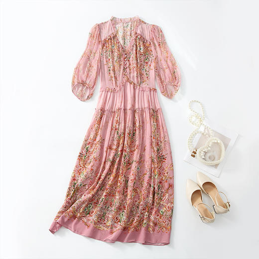 丁摩100%桑蚕丝超重工减龄花边真丝印花中长款大摆连衣裙收腰款5ZF-90275 商品图4