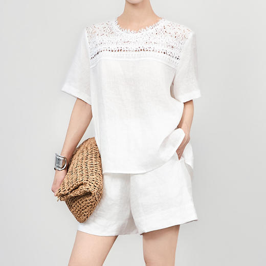 「高货wl」全新升级【铂金会员293/天猫399/差价106】(99407)洛诗琳亚麻重工水溶蕾丝T恤2025夏季宽松圆领短袖上衣女 商品图0