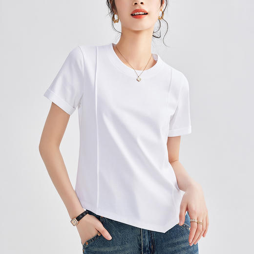 「自j」全新升级【铂金会员128/天猫169/差价41】(72011)洛诗琳丝光棉正肩T恤2025夏季新款不规则设计感纯色圆领上衣 商品图1