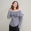 西遇格纹荷叶边一字肩长袖衬衫女秋季抽褶收腰显瘦上衣V2551139 商品缩略图3