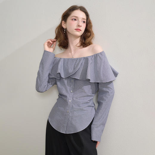 西遇格纹荷叶边一字肩长袖衬衫女秋季抽褶收腰显瘦上衣V2551139 商品图3