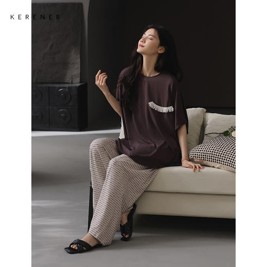 可人儿带胸垫睡衣夏季凉感莫代尔女士家居服短袖长裤套装可外穿 商品图1