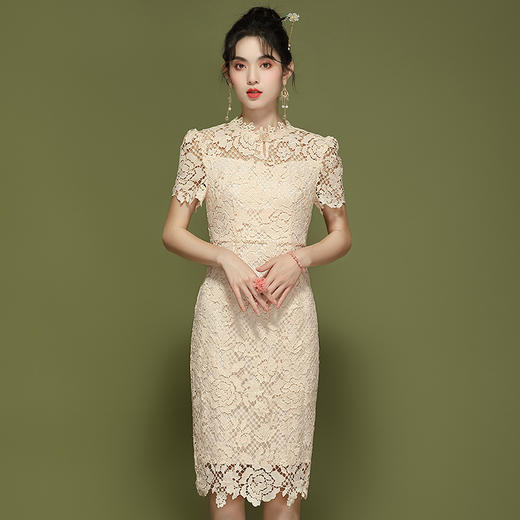 「自」全新升级【铂金会员358/天猫479/差价121】(90306)洛诗琳新中式国风水溶蕾丝连衣裙2025夏季气质改良旗袍裙 商品图1