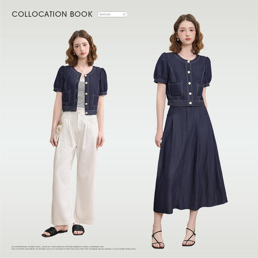 西遇复古港风牛仔套装女秋季明线短袖上衣半身裙两件套V2551103 商品图1