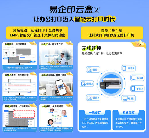 易企印云盒2支持5G打印服务器有线/无线办公家用网络手机电脑异地远程智能共享打印喷墨激光针式文印管理系统 商品图3