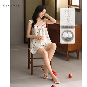 可人儿小众泡泡绵女士吊带短裤睡衣夏季可外出家居服长裤三件套