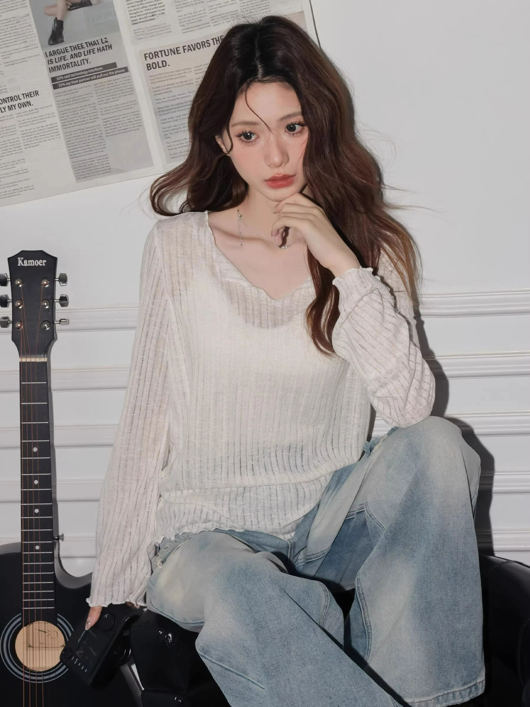 占姆士奥莱线上款  法式微透木耳边罩衫 V领纯欲春季薄款罩衫宽松T恤高级感上衣