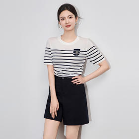 「高货wl」全新升级【铂金会员211/天猫279/差价68】(65333)洛诗琳气质条纹短袖T恤2025夏季超细天丝休闲针织上衣女