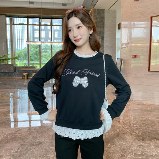 奢姿大码女装2025秋季时尚蕾丝拼接卫衣胖妹妹气质烫钻设计上衣9953190639 商品图4