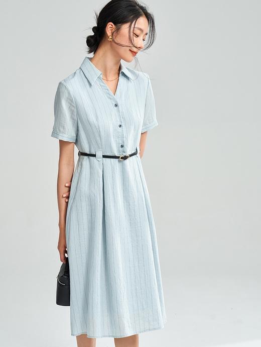 品牌同步亚麻棉OL知性条纹收腰显瘦通勤衬衫连衣裙 商品图5