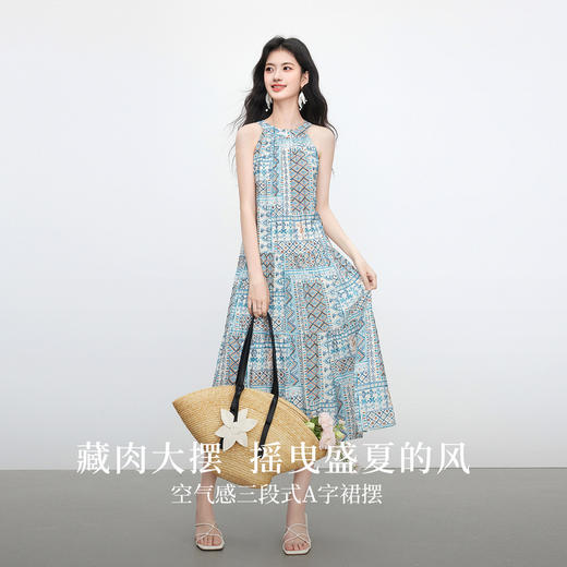 【专属特价】熙世界民族风无袖挂脖连衣裙女夏日新款波西米亚复古印花露肩长裙 商品图2