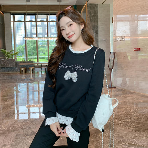 奢姿大码女装2025秋季时尚蕾丝拼接卫衣胖妹妹气质烫钻设计上衣9953190639 商品图2