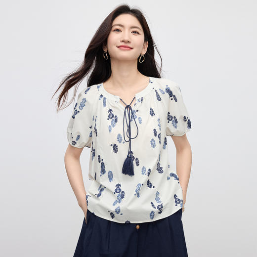 【周末秒杀】熙世界波西米亚风套装女夏季2025新款复古印花衬衫a字短裤两件套 商品图1