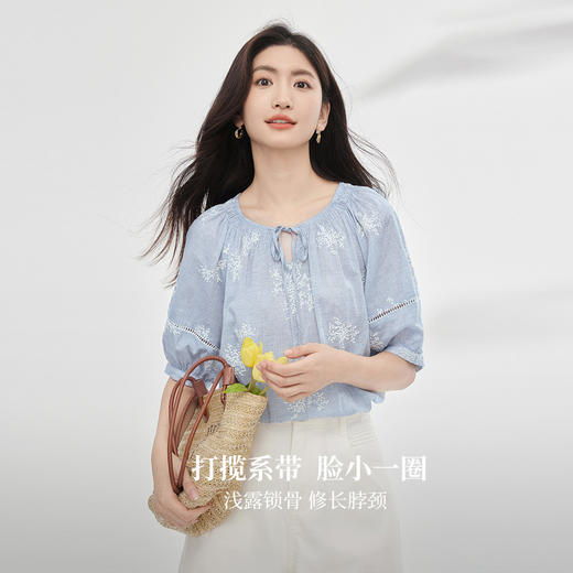 【夏日新品】熙世界法式重工刺绣衬衫女短袖夏季宽松小众设计系带圆领全棉上衣 商品图1