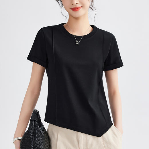 「自j」全新升级【铂金会员128/天猫169/差价41】(72011)洛诗琳丝光棉正肩T恤2025夏季新款不规则设计感纯色圆领上衣 商品图3