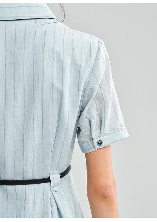 品牌同步亚麻棉OL知性条纹收腰显瘦通勤衬衫连衣裙 商品图6