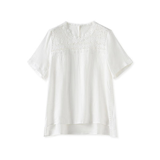 「高货wl」全新升级【铂金会员293/天猫399/差价106】(99407)洛诗琳亚麻重工水溶蕾丝T恤2025夏季宽松圆领短袖上衣女 商品图4